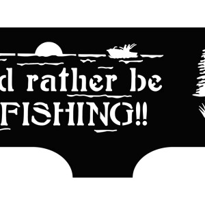 Round black steel fire pit with laser-cut designs featuring crossed fishing rods, jumping fish, and a scenic landscape with trees and mountains. The text 'I'd rather be FISHING!!' is displayed prominently.